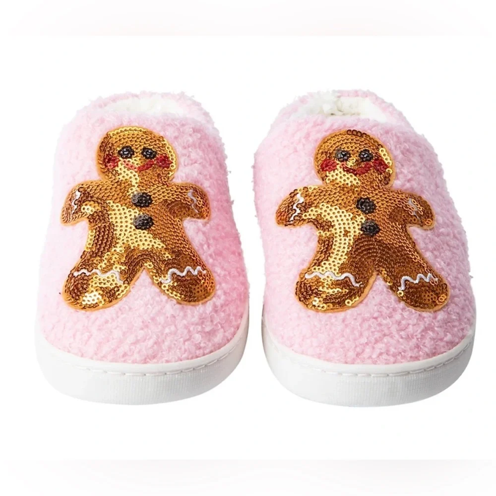 Cozy Pink Gingerbread Sequin Slippers - Picture 1 of 14